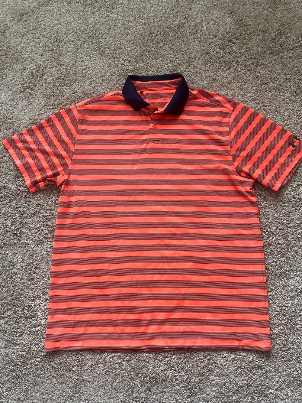 Under Armour Golf Polo Shirt Mens Large Orange Navy Blue Striped Short Sleeve